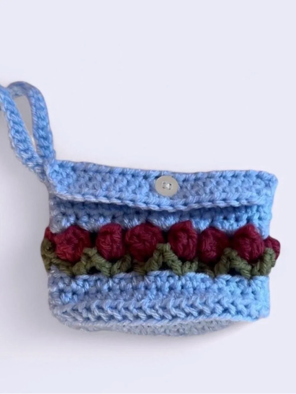 Handmade Light Blue Crochet Wristlet with Rose Accent